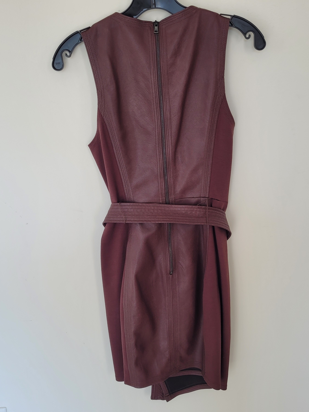 BCBGMaxAzria Burgundy Asymmetrical Faux Leather Belted Dress - Picture 5 of 9